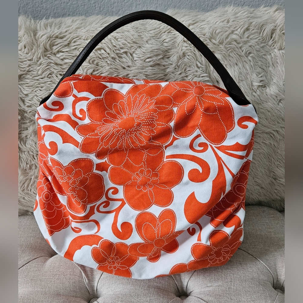 Saks Fifth Avenue-Shoulder Bag Womens Orange White Floral Slouch Hobo Tote